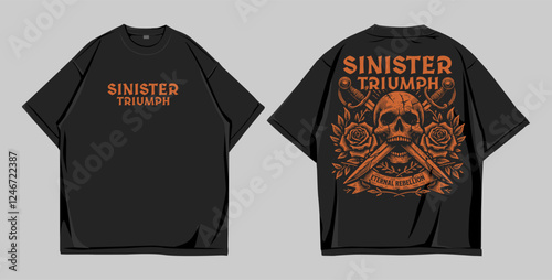 T shirt design street wear sinister triumph, mockup oversize front and back
