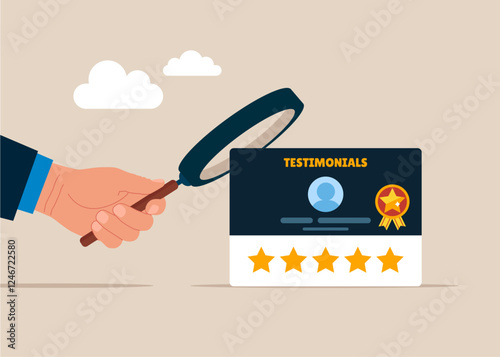 Businessman with magnifying glass and investigate testimonial card with good reviews. Testimonials client review, feedback giving 5 stars rating, positive comment, quality service. Vector illustration