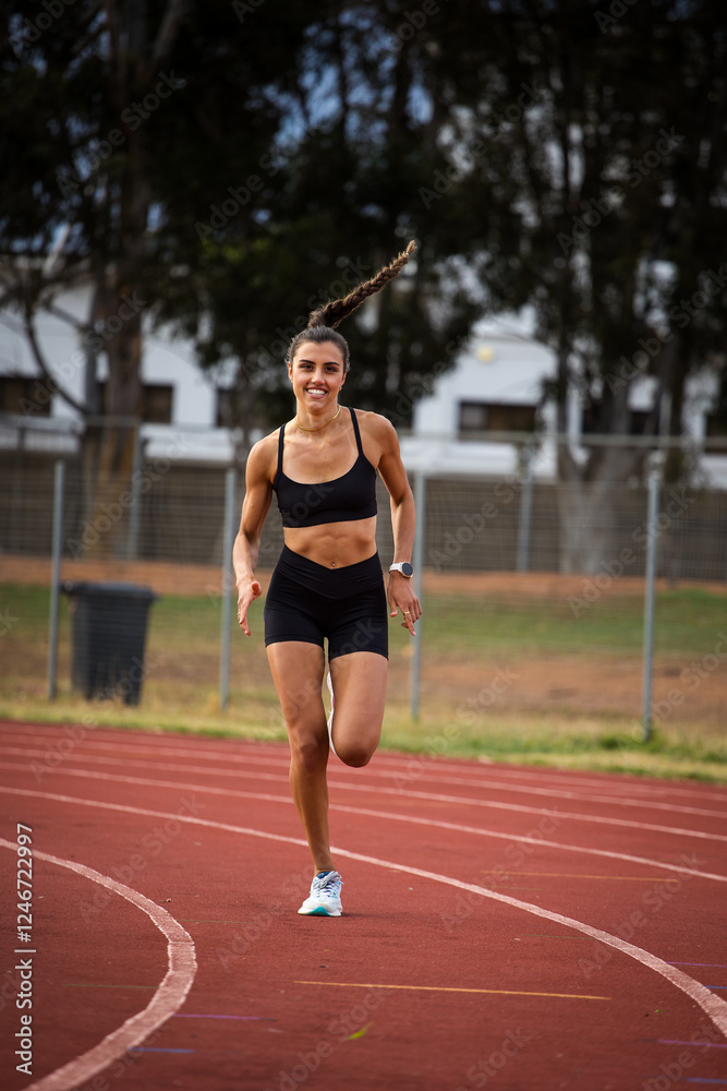 Obraz premium Female athlete in black sportswear training on a professional running track and running through various dynamic exercises, showcasing endurance, strength, and athleticism.