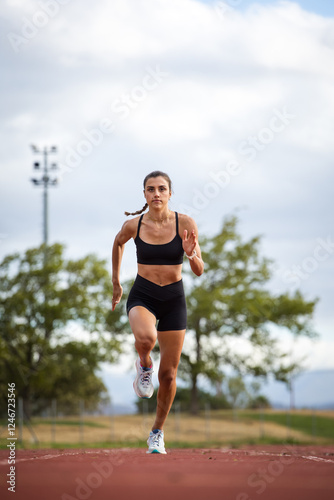 Female athlete in black sportswear training on a professional running track and running through various dynamic exercises, showcasing endurance, strength, and athleticism.
