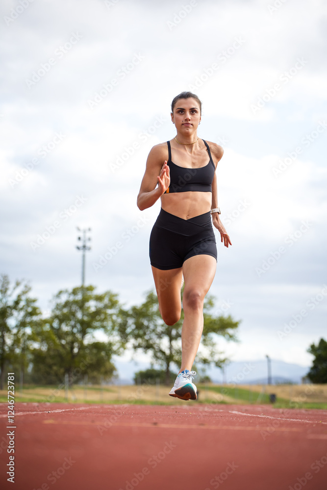 Female athlete in black sportswear training on a professional running track and running through various dynamic exercises, showcasing endurance, strength, and athleticism. Female athlete in black sportswear training on a professional running track and running through various dynamic exercises, showcasing endurance, strength, and athleticism.