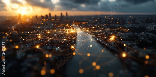 Nighttime abstract city lights dazzle beneath the river bridge, united by network connectivity, harnessing the power of technology and telecommunications