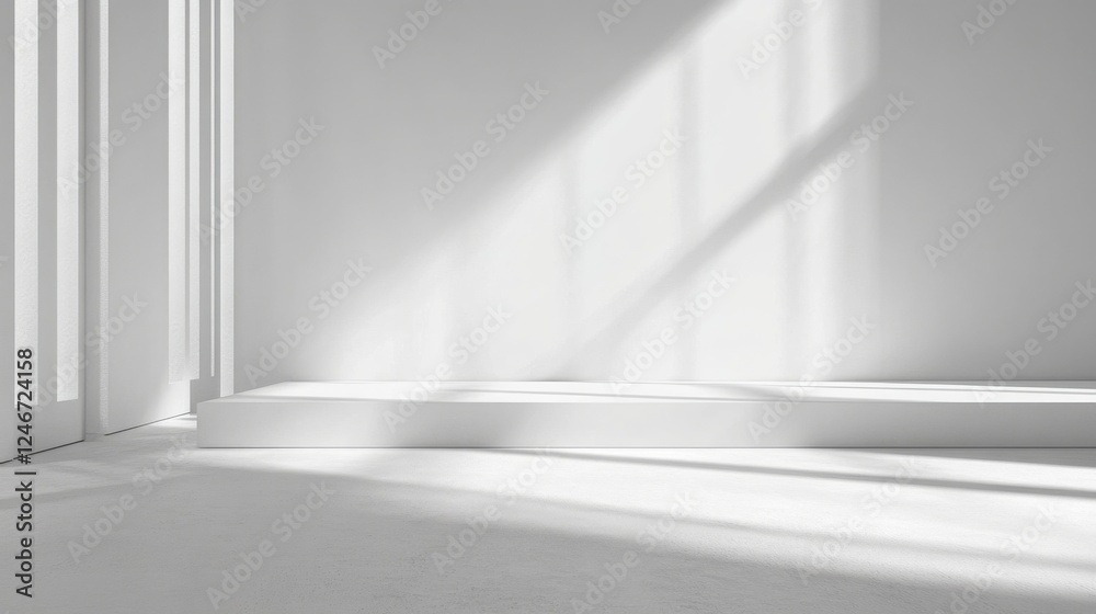Fototapeta premium A serene, minimalistic interior scene showcasing soft shadows and bright light in a clean, white space.