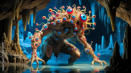 mysterious creature full of eyes in mysterious cave