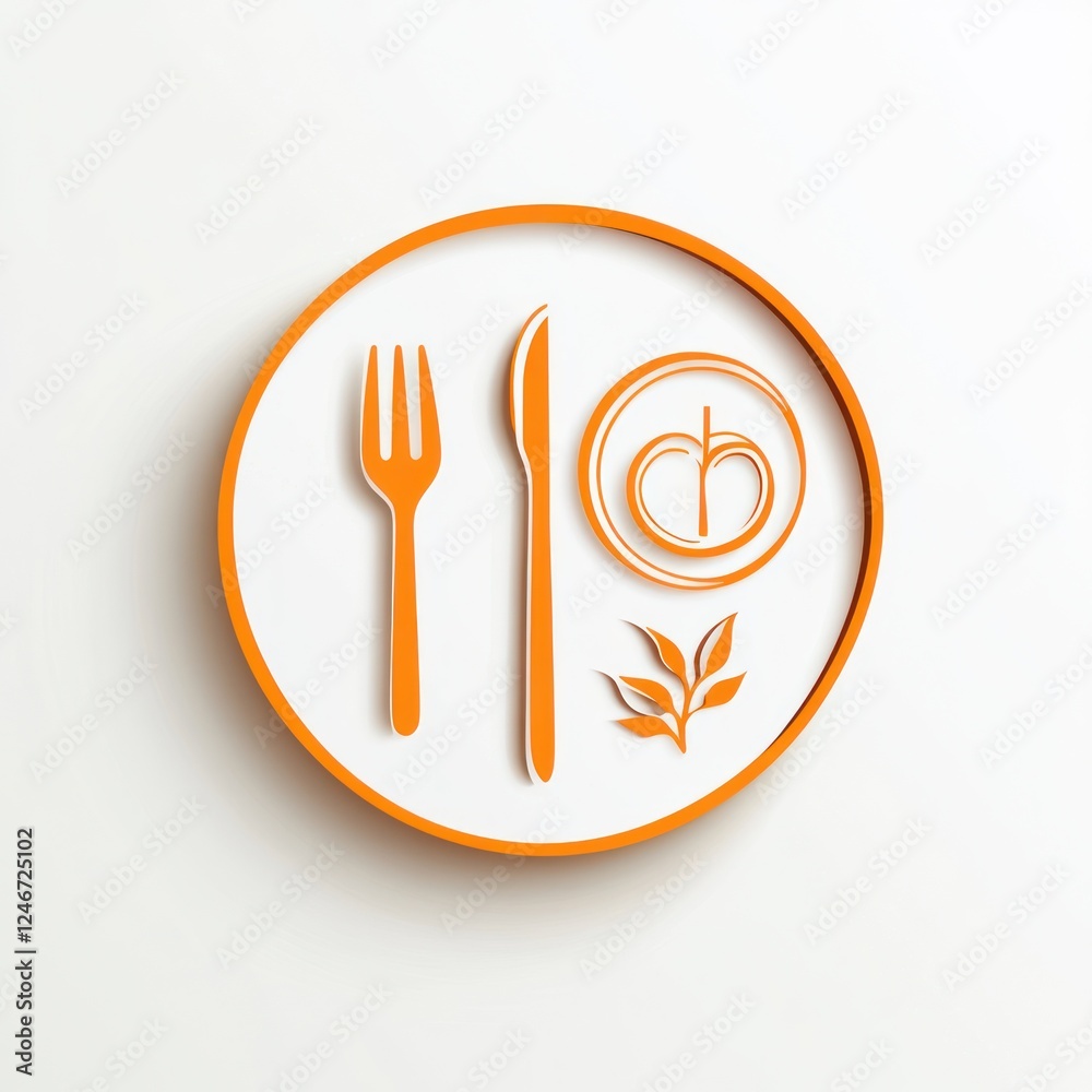 Orange plate with cutlery and apple, healthy eating icon, graphic design Orange plate with cutlery and apple, healthy eating icon, graphic design