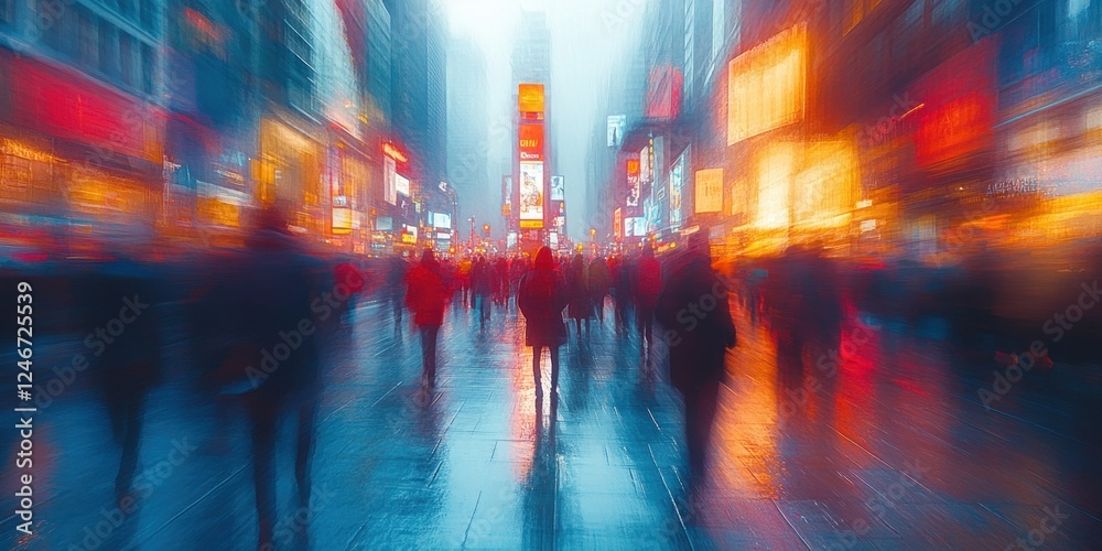 Obraz premium Crowded Urban Street with People in Motion and Blurred Silhouettes