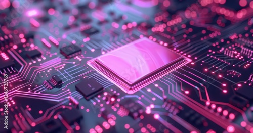 A computer chip with pink and black colors