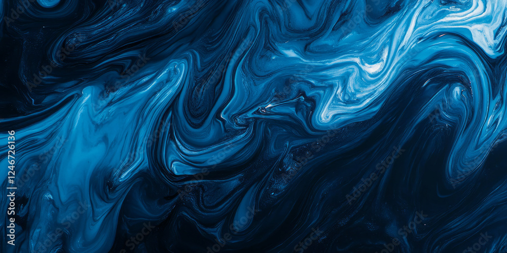 Obraz premium A smooth, dark blue background with swirling, fluid patterns resembling ocean waves. The deep blue hues and subtle movement evoke a sense of tranquility, ideal for wellness branding, spa websites, or