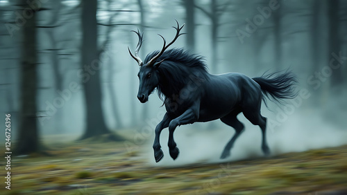 The majestic hrimfaxi runs energetically through the misty forest, symbolizing the Norse myth. photo