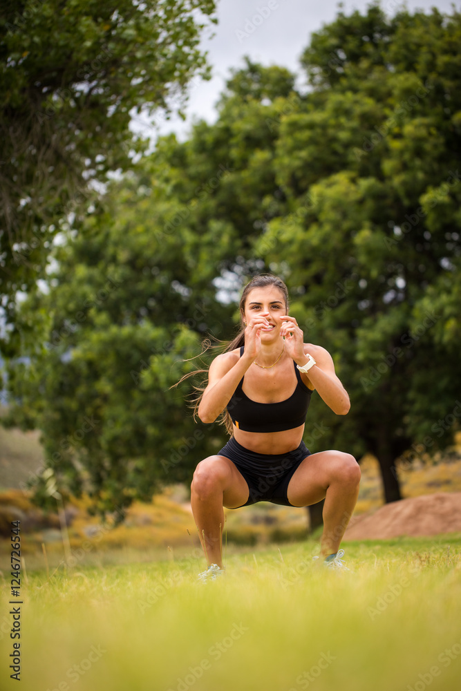 Young female athlete in black sportswear exercising outdoors in a scenic rural setting. Captured in various poses including stretching, jumping, and smiling, showcasing fitness, health. Young female athlete in black sportswear exercising outdoors in a scenic rural setting. Captured in various poses including stretching, jumping, and smiling, showcasing fitness, health.