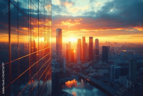 reflective modern skyscrapers with dramatic glass facade architecture at sunset mirroring urban cityscape and golden sky in contemporary downtown business district