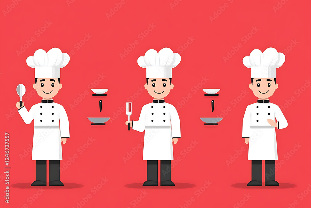 A clean and modern vector illustration of a professional chef wearing a traditional white uniform and a tall hat, holding a cooking utensil. A clean and modern vector illustration of a professional chef wearing a traditional white uniform and a tall hat, holding a cooking utensil.