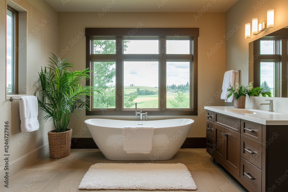 Fototapeta premium Relaxing bathroom with modern bathtub and scenic view of nature in a tranquil setting