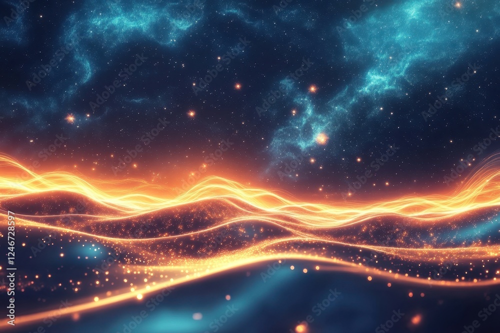 Obraz premium Colorful abstract landscape with glowing waves and starry sky at night
