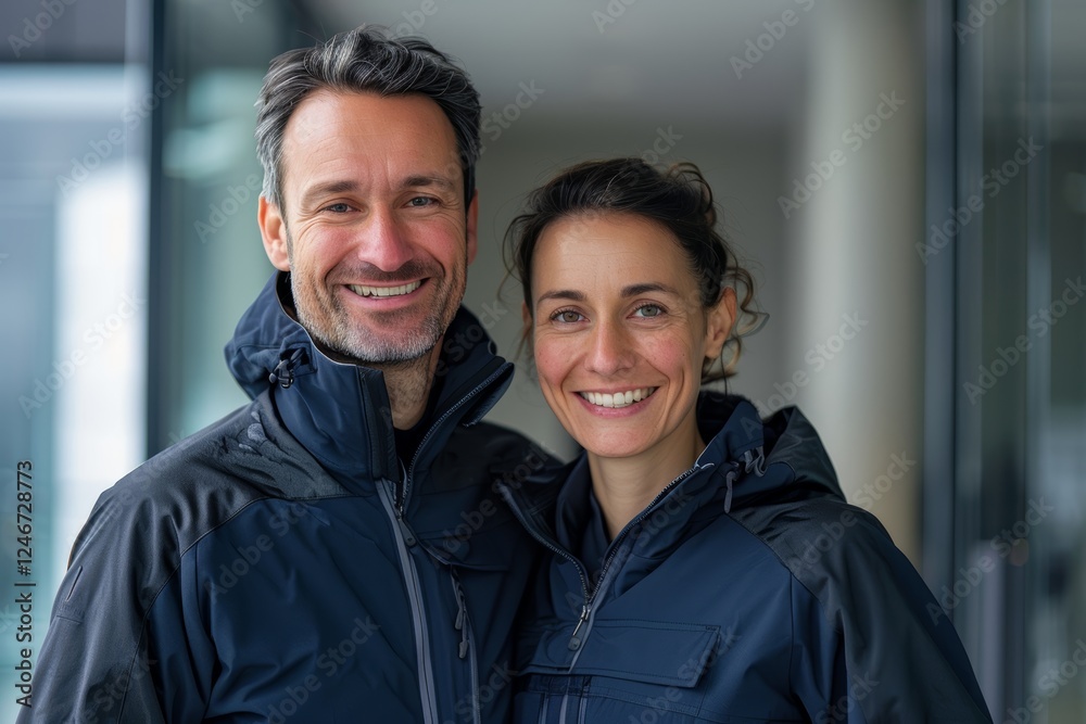 Portrait of a happy couple in their 30s wearing a windproof softshell while standing against sophisticated corporate office background Portrait of a happy couple in their 30s wearing a windproof softshell while standing against sophisticated corporate office background