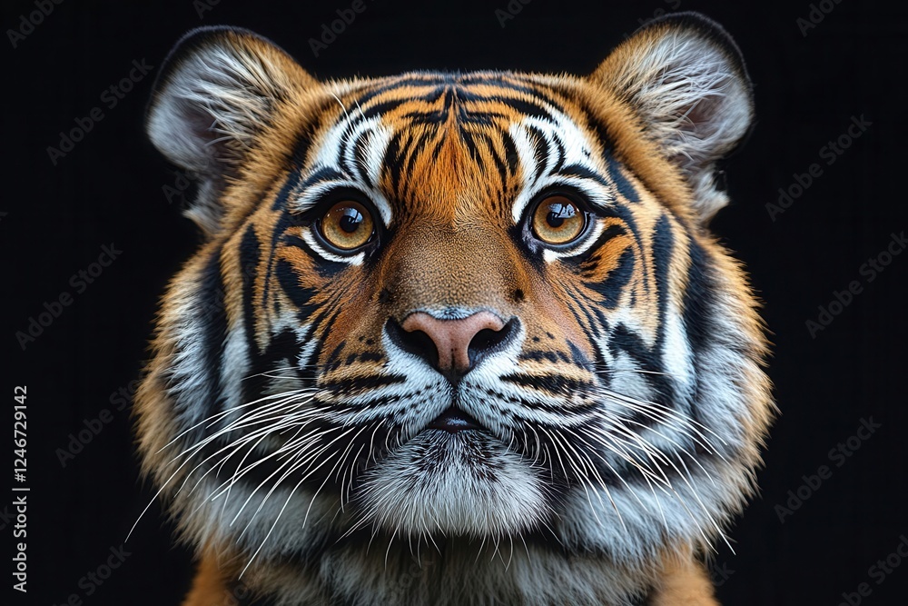 Fototapeta premium regal bengal tiger closeup portrait in moody studio lighting piercing amber eyes dramatic shadows deep black background professional wildlife photography ultradetailed fur
