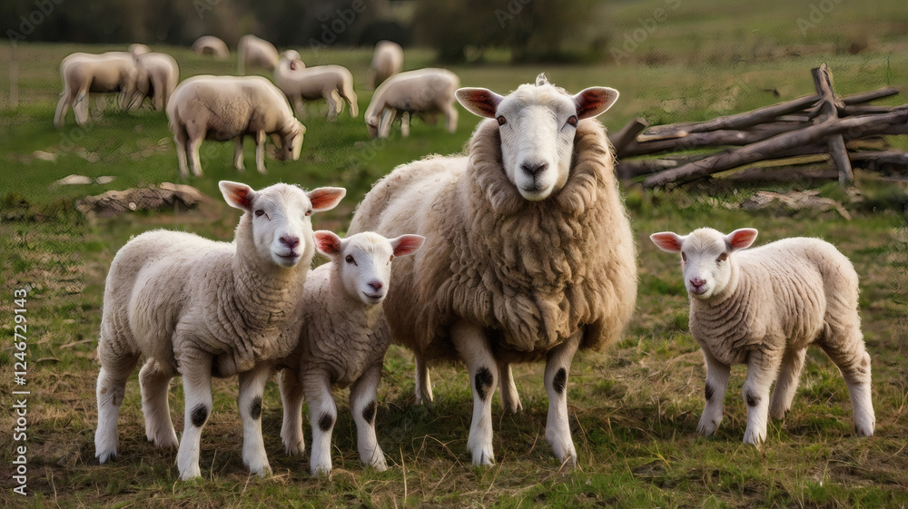 Peaceful Pasture with Sheep and Lambs Peaceful Pasture with Sheep and Lambs