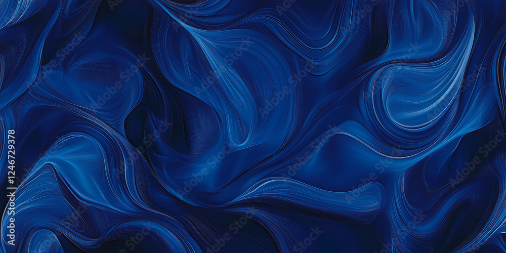 Fototapeta premium A royal blue background with faint, abstract lines and shapes that resemble waves or flowing liquid. This flowing design evokes a sense of movement, perfect for branding related to water, health, or