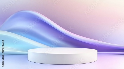 White podium, lilac and blue gradient wave abstract background, 3D rendering cosmetics beauty product mockup