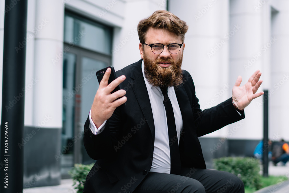 Young businessman in formal suit actively gesticulating Young businessman in formal suit actively gesticulating