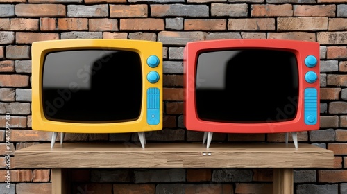 Two small televisions are sitting on a wooden table next to a brick wall