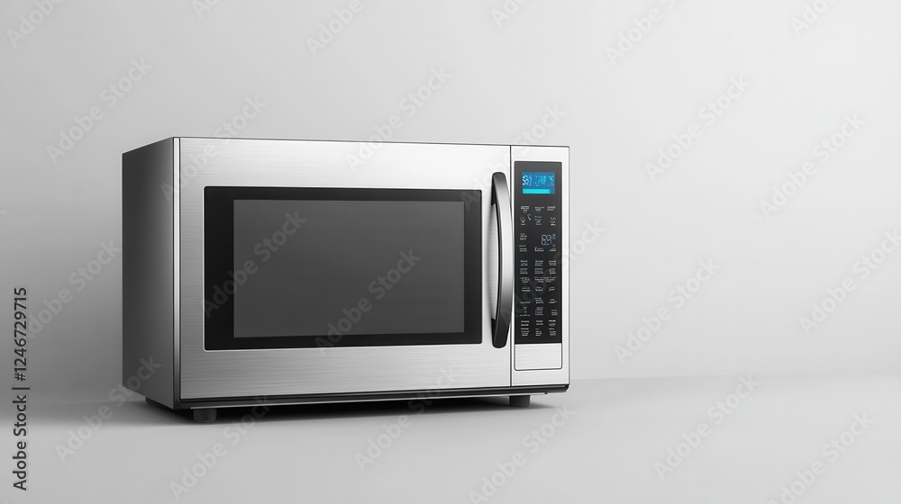 Fototapeta premium Modern Stainless Steel Microwave Oven with Digital Display on Clean Background