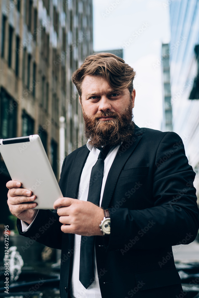Confident bearded businessman with tablet Confident bearded businessman with tablet