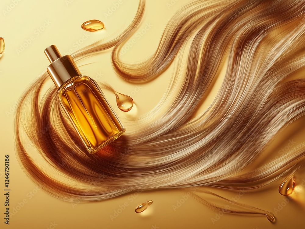Naklejka premium Nourish hair of shampoo or Oil Vitamin serum. Repair damaged hair concept, 3d rendering.
