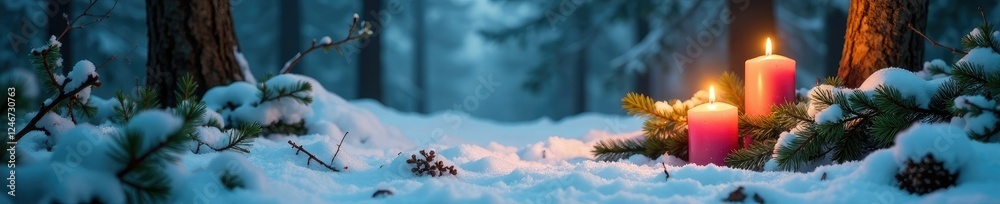 Snowy forest floor with pine branches and candles, branch, woodland Snowy forest floor with pine branches and candles, branch, woodland