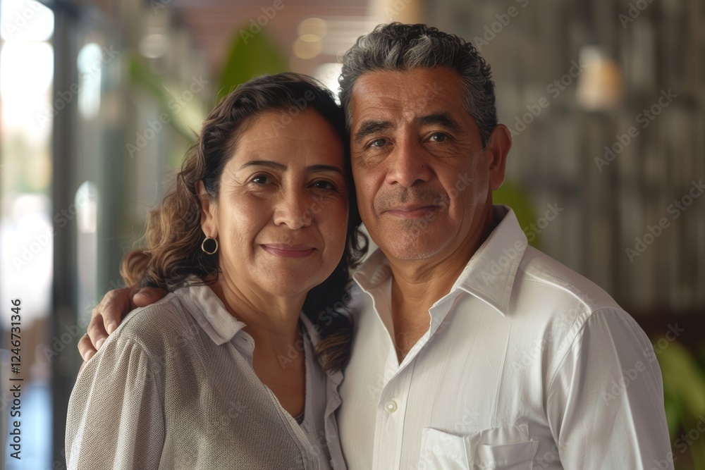 Portrait of a satisfied latino couple in their 40s wearing a simple cotton shirt isolated on sophisticated corporate office background Portrait of a satisfied latino couple in their 40s wearing a simple cotton shirt isolated on sophisticated corporate office background