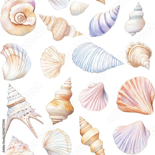 Pastel watercolor seashell sticker sheet featuring various designs on a white background