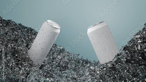 aluminum cans with droplets water in ice with soft green background
