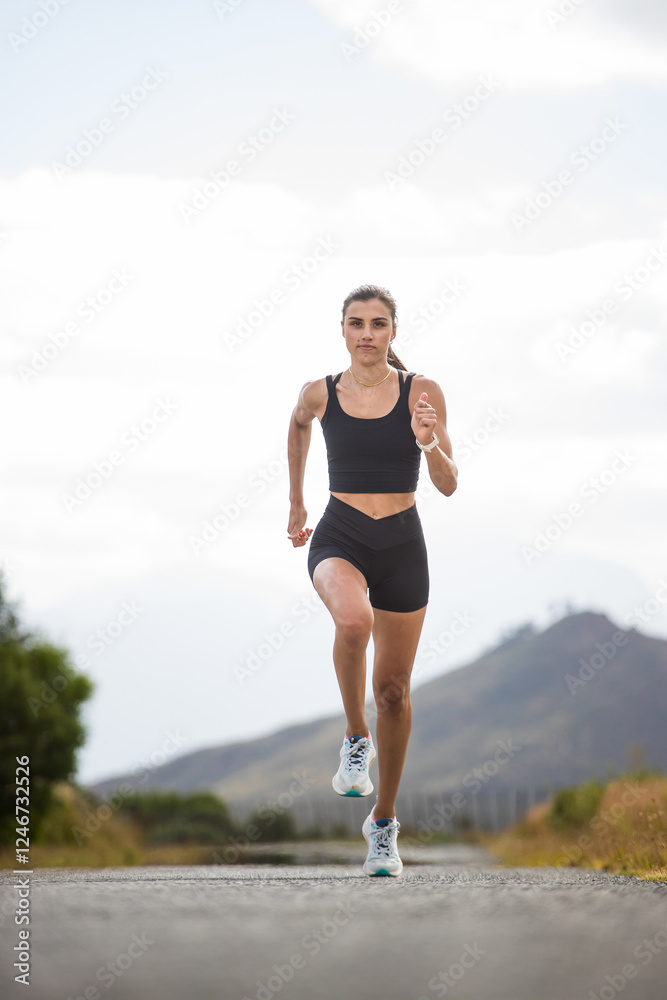 Female athlete in black sportswear running on a rural road with a scenic mountainous backdrop, emphasizing endurance and outdoor fitness. Female athlete in black sportswear running on a rural road with a scenic mountainous backdrop, emphasizing endurance and outdoor fitness.
