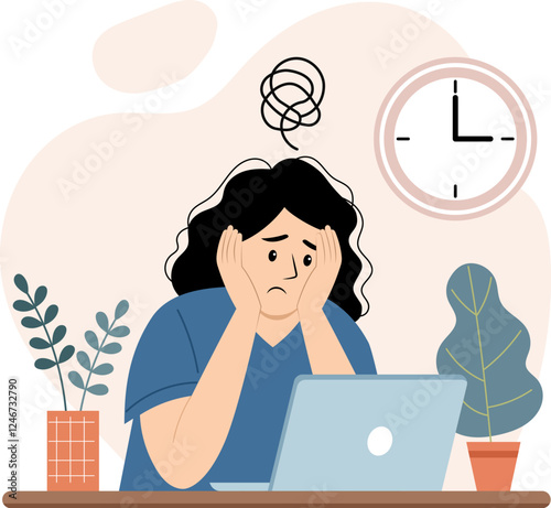 Illustration of a stressed and anxious woman sitting at a desk and a spiral symbol above his head representing stress.