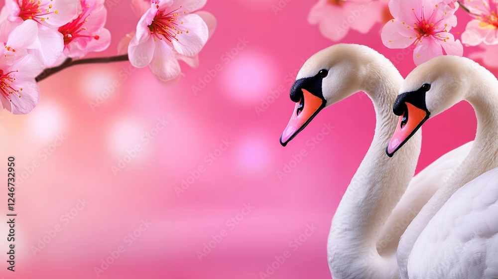 Obraz premium Two White Swans Amidst Delicate Pink Blossoms Springtime Romance Scene