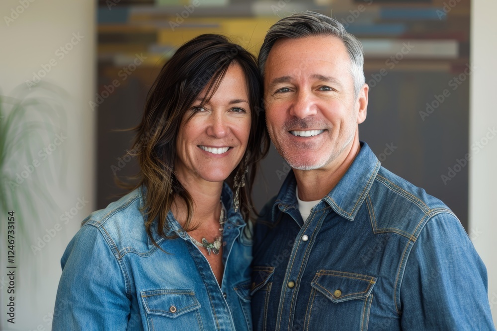 Portrait of a smiling couple in their 40s sporting a versatile denim shirt in front of sophisticated corporate office background Portrait of a smiling couple in their 40s sporting a versatile denim shirt in front of sophisticated corporate office background