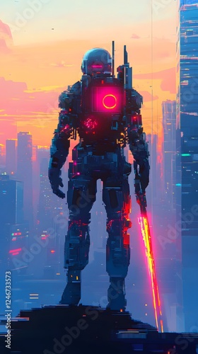 A pixel futuristic warrior with a plasma sword, glowing cybernetic suit, standing against a dystopian city skyline, detailed 8-bit sprite