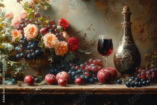 renaissance still life with modern metallic elements dramatic chiaroscuro deep crimsons and antiqued silver
