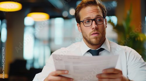 Professional man looking at financial reports in office setting, displaying concentration and concern