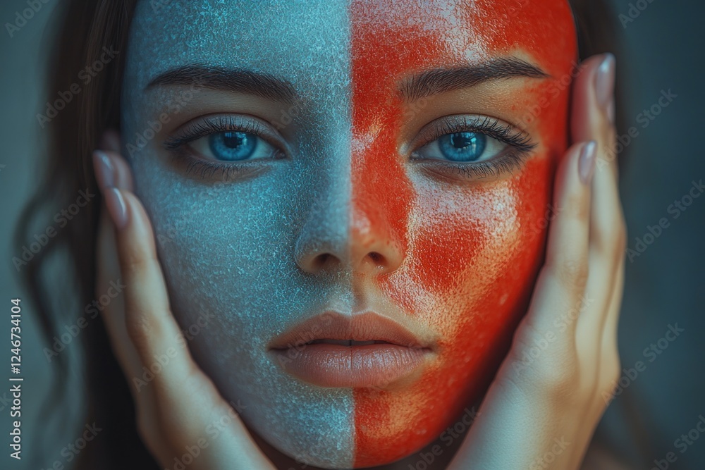 Fototapeta premium Contrasting Emotions Masks in Hands Bipolar Mental Health Awareness Split Personality Concept