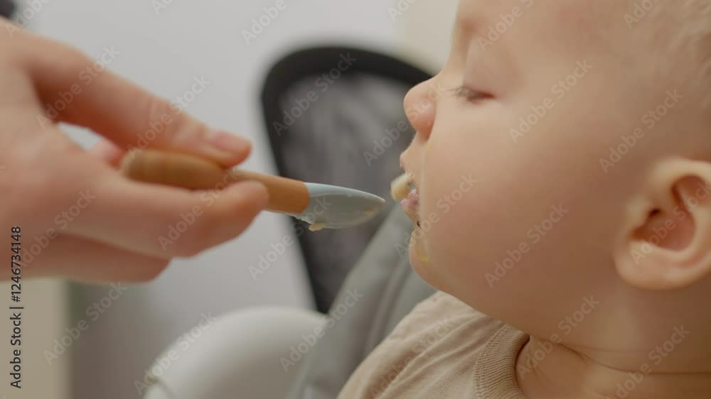 A charming little boy sits comfortably while being fed a healthy snack by an adult. His excited expressions showcase a delightful snack time filled with fun and nutrition. A charming little boy sits comfortably while being fed a healthy snack by an adult. His excited expressions showcase a delightful snack time filled with fun and nutrition.