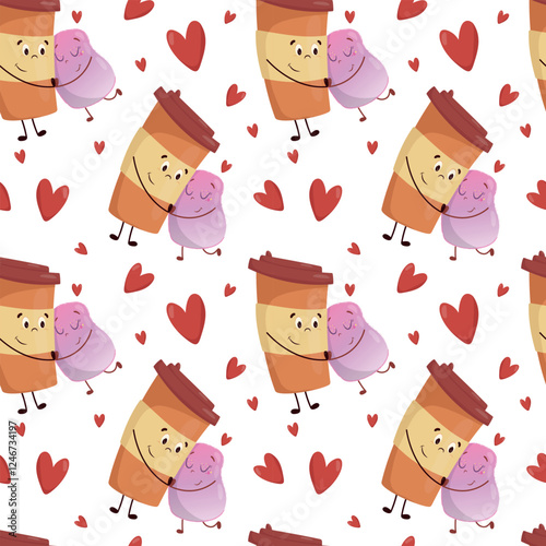 Vector pattern with a cup of coffee, marshmallows and hearts