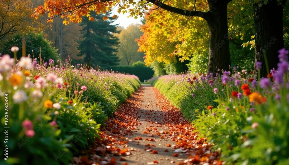 Pathway lined with autumn leaves and wildflowers in a historic garden, wildflowers, hertfordshire Pathway lined with autumn leaves and wildflowers in a historic garden, wildflowers, hertfordshire