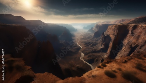 Expansive canyons on a distant planet reveal breathtaking rock formations and winding rivers under a dramatic sky photo