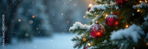 Delicate snowflakes settle on the Christmas tree branches with delicate ornaments, morning, presents, serene photo