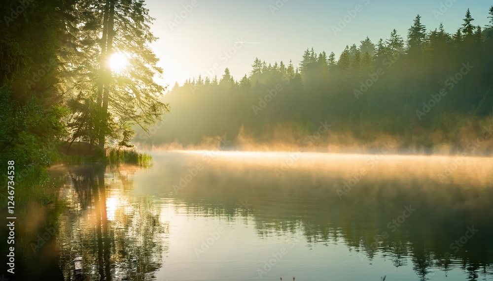 Serene forest lake at dawn with mist and sunlight creating a tranquil setting for reflection and nature appreciation Serene forest lake at dawn with mist and sunlight creating a tranquil setting for reflection and nature appreciation