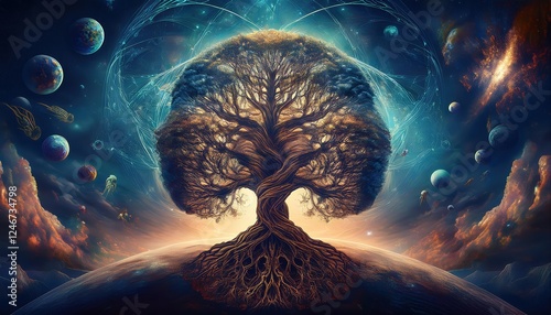 Explore the surreal representation of the Tree of Life, combining elements of Kabbalistic symbolism with cosmic themes and intricate details photo