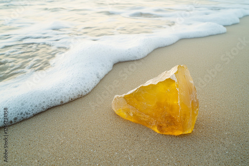 A piece of raw amber on a sandy beach photo