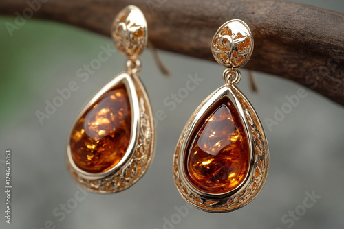 Earrings with amber inserts close-up photo