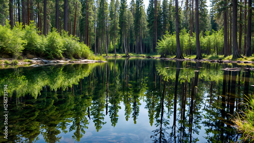 A forest lake with crystal clear water that reflects the surrounding trees.